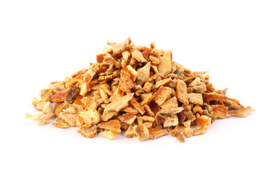 Pile of dried orange zest seasoning isolated on white