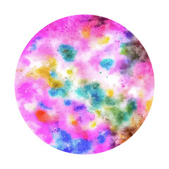 Galaxy watercolor paint splashes, fantasy scientific, celestial cosmos. Beauty blue, pink and purple astrology circle background