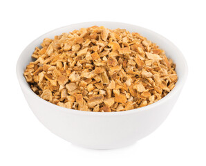 Bowl of dried orange zest seasoning isolated on white