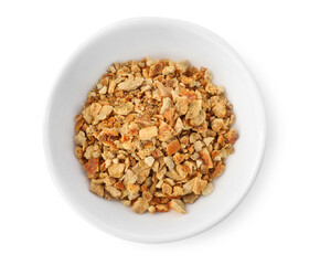 Bowl of dried orange zest seasoning isolated on white, top view