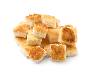 Pile of delicious crispy croutons on white background