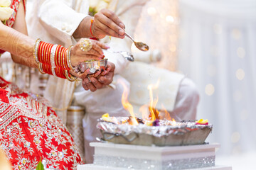 Indian Hindu wedding rituals sacred fire close up