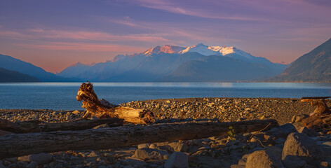 Beautiful sunset with snow mountain at Harrison lake Canada. Landscape for background