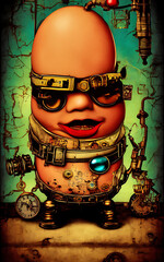 Generative AI poster/background image of highly intricate and detailed vivid, high contrast steampunk/clockpunk retro machine and machinery mashed with large humpty dumbty faces!
