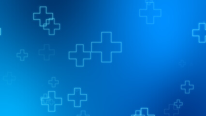Medical health blue cross neon light shapes pattern background. Abstract healthcare technology and science concept.