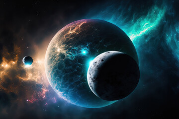 Obraz premium Two planets set against a cosmic nebula and a pitch black sky in the universe. Generative AI