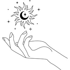 Magic shining sun and crescent moon in simple line art style. Outline alchemy logo and icon for branding cosmetic and beauty products. Esoteric and mystical design elements. png © Olga Rai