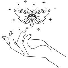 Magic hands with night moth in line art style. Esoteric and mystical butterfly wings for branding or logo cosmetics and beauty products simple outlines. PNG