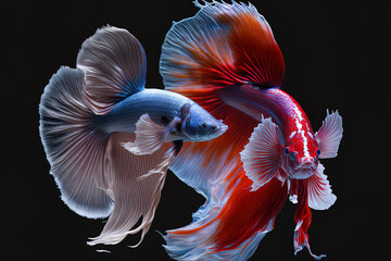 Fighting fish in various colors isolated on a dark backdrop. Generative AI