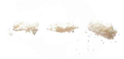 Steam Rice fly up from plate, Jasmine rice float abstract and spin splash in air. Steam white Rice is healthy ready food. White background Isolated high speed shutter, freeze stop motion photo