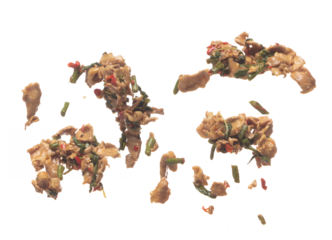 Basil Pork fly up from plate, fried basil pork float abstract and spin splash in air. Famous Basil pork is healthy ready food. White background Isolated high speed shutter, freeze stop motion photo