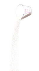 Sago seeds falling down from measure cup, white grain wave floating, Abstract fly splash in air. White Sago seeds is material food. White background Isolated high speed shutter, freeze stop motion