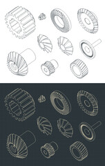 Different types of gears isometric blueprints - obrazy, fototapety, plakaty