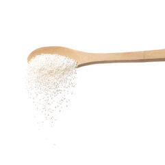 Fototapeta na wymiar Sago seeds falling down from wooden spoon, white grain wave floating, Abstract fly splash in air. White Sago seeds is material food. White background Isolated high speed shutter, freeze stop motion