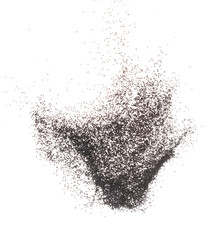 Black Sesame seeds flying explosion, black grain wave floating. Abstract cloud fly splash in air. Sesame seed is material food. White background Isolated high speed shutter, freeze stop motion