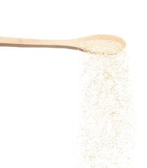 White Sesame pouring down from wooden spoon, white Sesame grain wave floating, fall in air. Basil seed is organic healthy food. White background Isolated high speed shutter, freeze stop motion