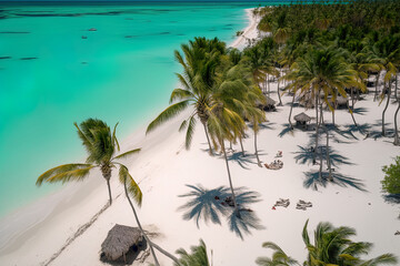 White sand, palm palms, and blue water may be seen at Juanillo beach. Dominican Republic's Cap Cana is a popular tourist destination. from above. Generative AI