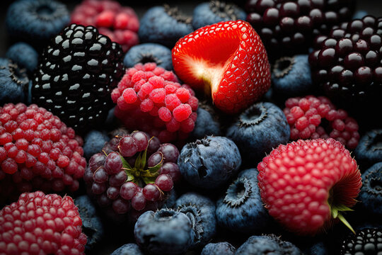 Fresh fruit and berry background ripe raspberries, blackberries, blueberries, and plums. Combine fruits and berries. looking up. Berries and fruits in the background. Red, blue, and black foods