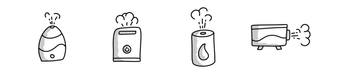 Air humidifier modern doodle icon set, refresher device concept, humidity checker hand drawn style vector icons, fresh air purifier emblems, clean breathing tool symbols isolated on white background