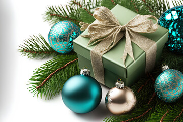 Fototapeta na wymiar Christmas tree branch with ornamental balls and gift boxes. Generative AI