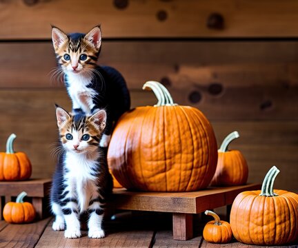 cat sitting on table in front of orange pumpkin with jack o-lantern on white wooden background