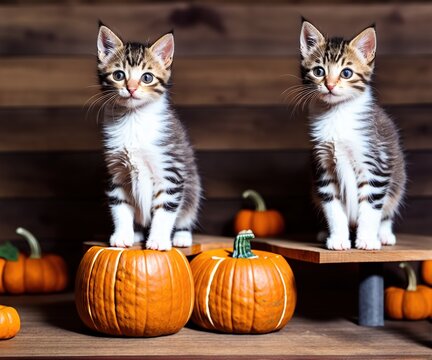 cat sitting on table in front of orange pumpkin with jack o-lantern on white wooden background
