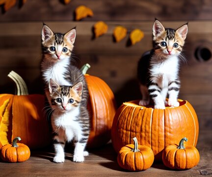 cat sitting on table in front of orange pumpkin with jack o-lantern on white wooden background