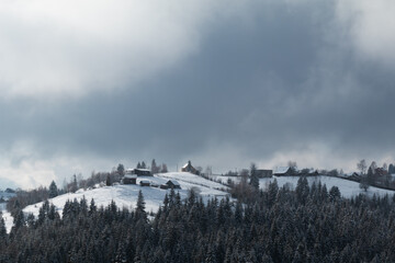 foggy winter landscape in Carpathian Mountains, Ukraine.