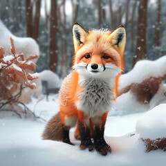 Red Fox puppy close-up, in winter forest, Generative AI