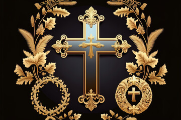 Christian cross ornamental golden symbol. Laurel wreath and luxurious ribbon are used to create a heraldic graphic design element. antique religious emblem, heraldic logo, and retro label. Generative