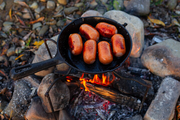 Sausage on the pan over an open fire. Preparing food in nature. - 559633354