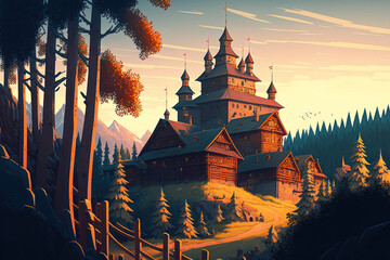Obraz premium Stunning view of an old, typical Russian timber fortification perched on a hill. Fantasy historical wooden stronghold with a cityscape and a forest. illustration. Generative AI