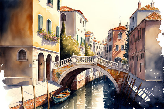 A watercolor painting of a canal with residences in Venice and a bridge over it. a painting I created on my own. Generative AI