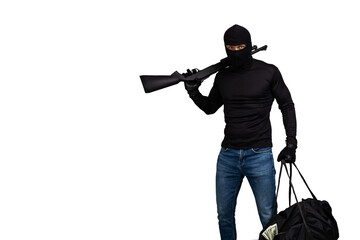 robber with a gun and a bag of money isolated on white background