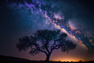 Long exposure shot of a tree silhouette and the Milky Way. Generative AI