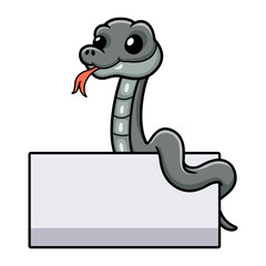 Fototapeta premium Cute black mamba snake cartoon with blank sign