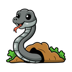 Cute black mamba snake cartoon out from hole