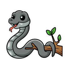 Cute black mamba snake cartoon on tree branch