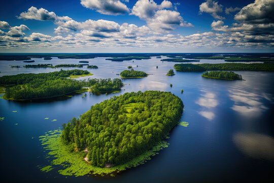 Masuria. Aerial image of clouds and lush islands on a lovely summer day. Poland's Masurian Lake District. Generative AI