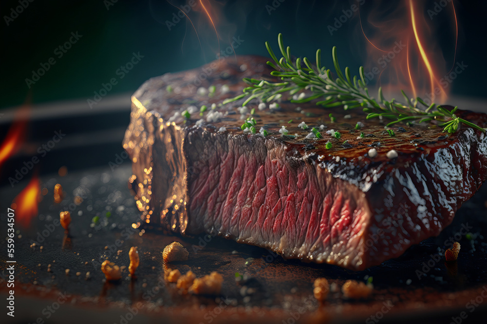 Wall mural wagyu rib-eye beef steak with spices rosemary closeup in iron pan, ai generative illustration.