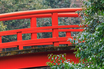 Closeup view of red railing on arched bridge in forest