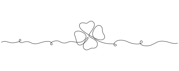 One continuous line drawing of four-leaved clover. Good luck floral symbol in simple linear style. Concept for web banner Saint Patrick Day in editable stroke. Contour vector illustration
