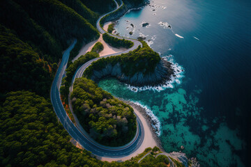aerial picture of a curvy road next to the ocean in Korea's Namhae gun. Generative AI
