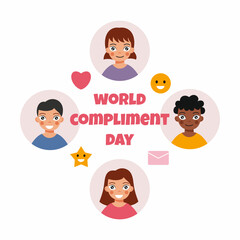 World Compliment Day. People exchange positive emotions and messages. Good mood. - obrazy, fototapety, plakaty