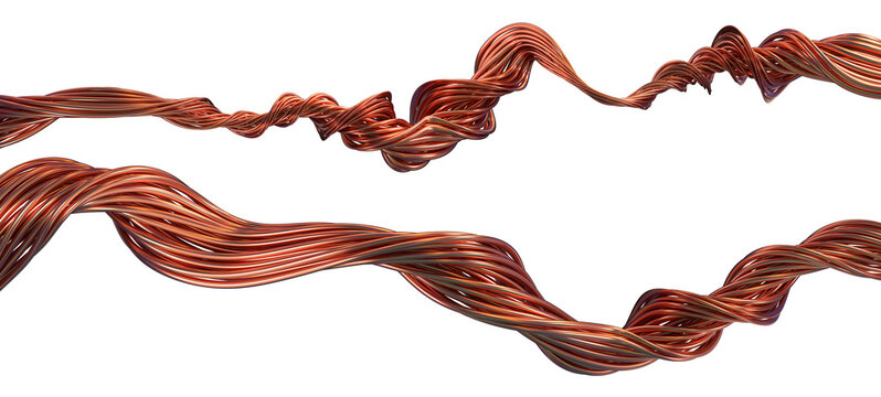 Twisted wavy cooper wires isolated on white background. Industrial design elements. 3D rendered image.