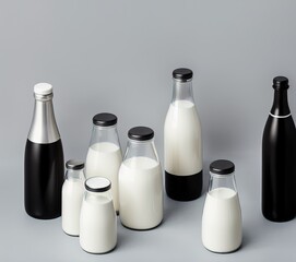 white and gray milk bottle with a glass of water on a dark background