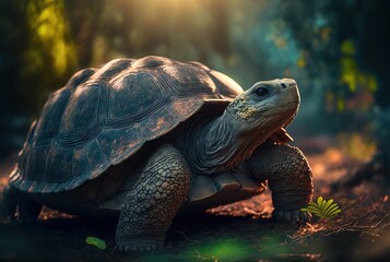 illustration of Aldabra Giant Tortoise in nature green background with sunlight bokeh