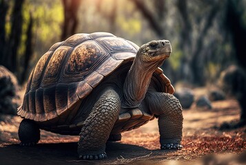 illustration of Galapagos Giant Tortoise in nature green background with sunlight bokeh