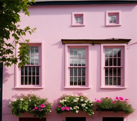 pink house with beautiful window in a garden with a white wall