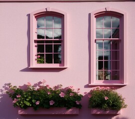 pink house with beautiful window in a garden with a white wall